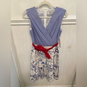 Chetta B Blue and White Patterned Midi Dress with Red Accent